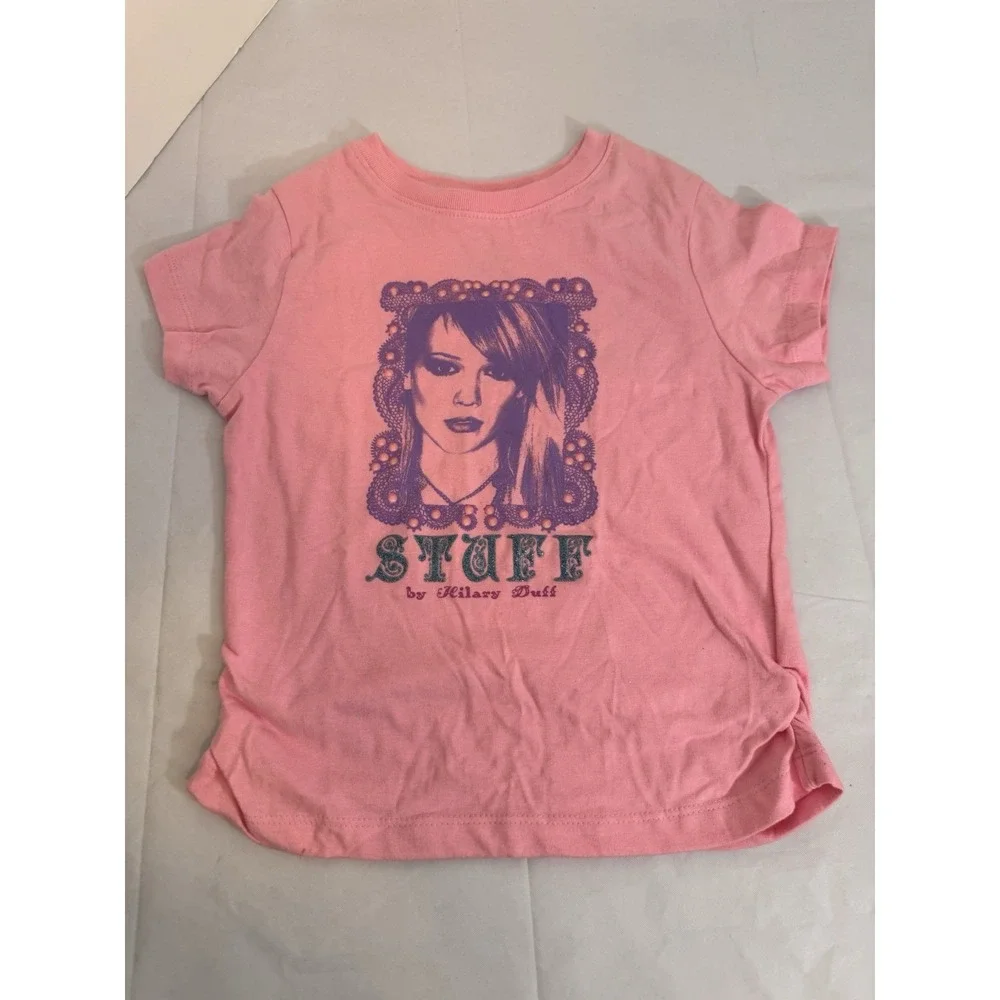 Y2K Stuff by Hilary Duff Girls M Pink Graphic Cinched Side Baby Tee Glitter Top